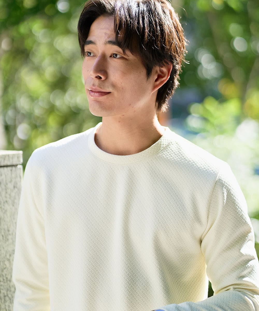 KHKAD79049 a.v.v MEN(アー・ヴェ・ヴェ) 【イージーケア/毛玉になりにくい】バスケットジャカードクルーネックスマートTシャツ【洗濯機で洗える】<ON/OFF SERIES> ダークグレー