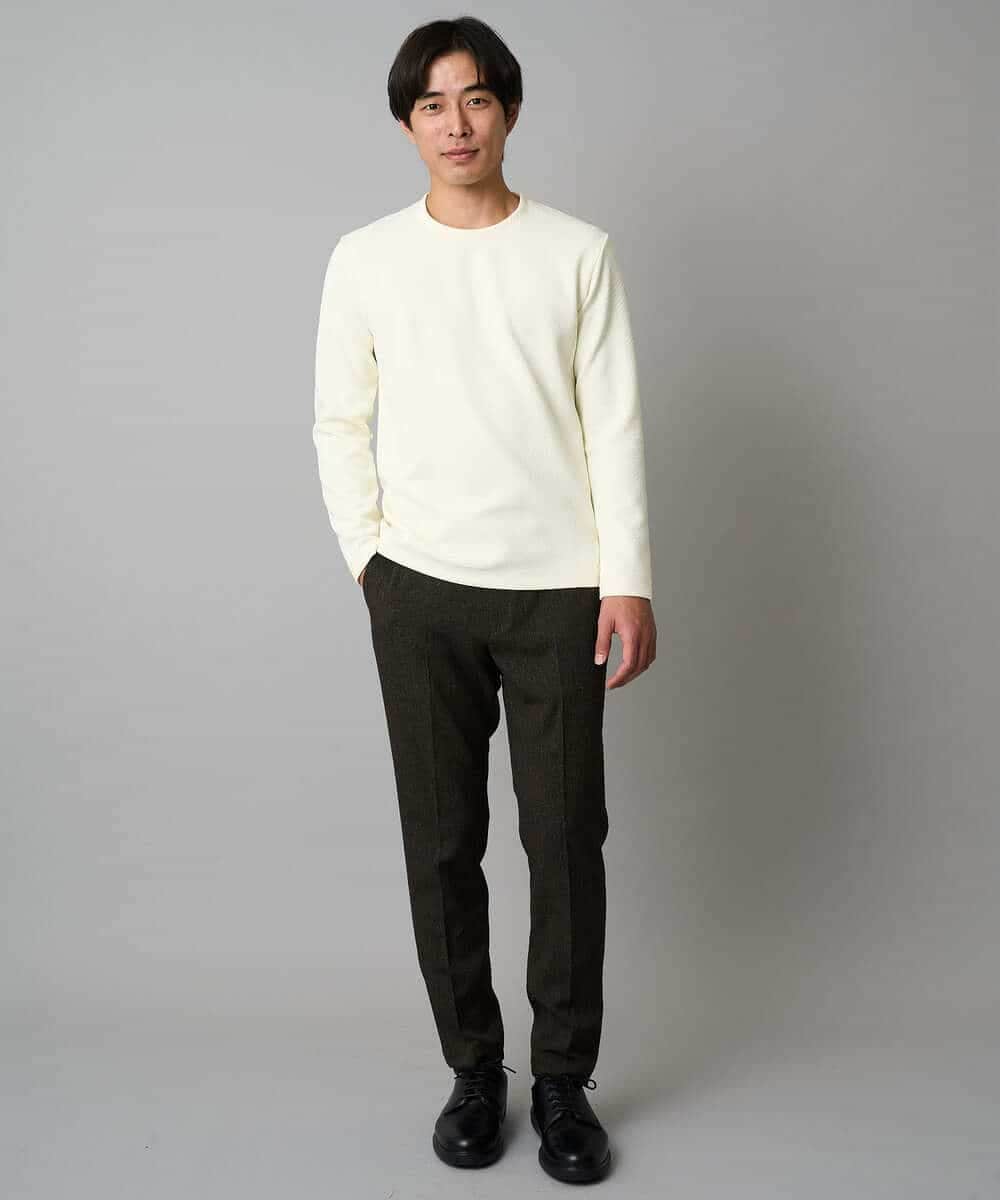 KHKAD79049 a.v.v MEN(アー・ヴェ・ヴェ) 【イージーケア/毛玉になりにくい】バスケットジャカードクルーネックスマートTシャツ【洗濯機で洗える】<ON/OFF SERIES> ダークグレー