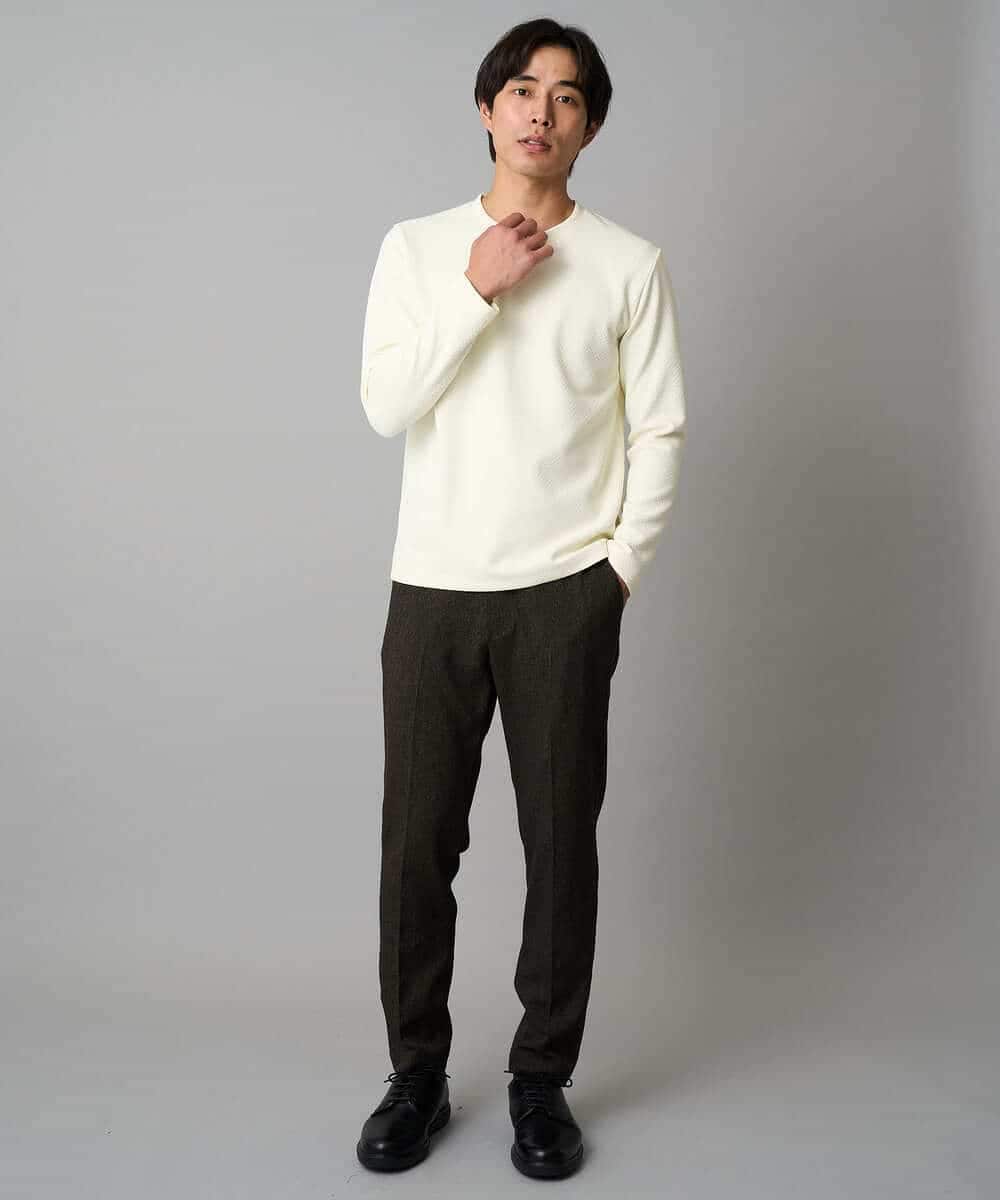 KHKAD79049 a.v.v MEN(アー・ヴェ・ヴェ) 【イージーケア/毛玉になりにくい】バスケットジャカードクルーネックスマートTシャツ【洗濯機で洗える】<ON/OFF SERIES> ダークグレー