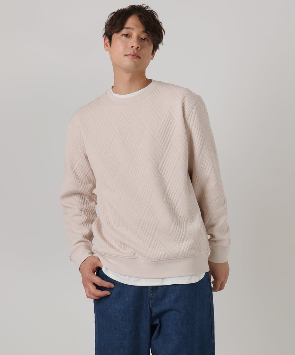 KHKEA09044 a.v.v MEN(アー・ヴェ・ヴェ) 【毛玉になりにくい】幾何柄フクレジャカード クルーネックスウェット グリーン