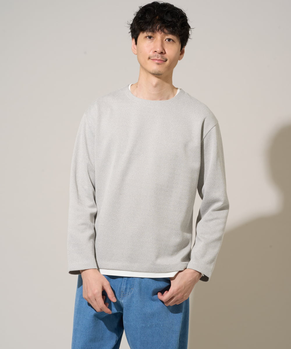 KHKED04049 a.v.v MEN(アー・ヴェ・ヴェ) 【イージーケア/洗濯機で洗える/毛玉になりにくい】変形ヘリンボンフェイクレイヤードカットソー ライトグレー