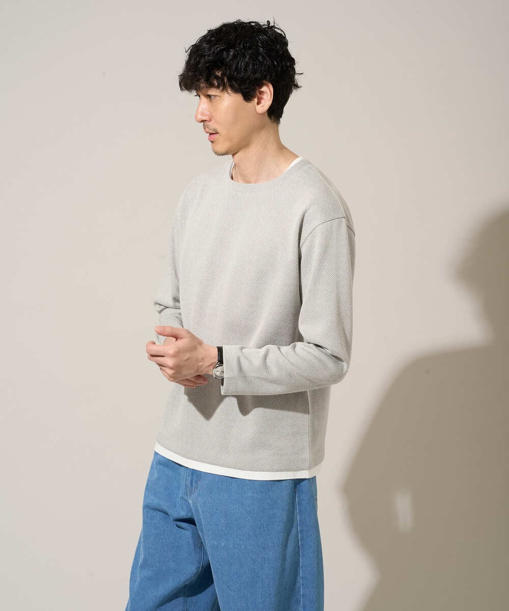 KHKED04049 a.v.v MEN(アー・ヴェ・ヴェ) 【イージーケア/洗濯機で洗える/毛玉になりにくい】変形ヘリンボンフェイクレイヤードカットソー グレー