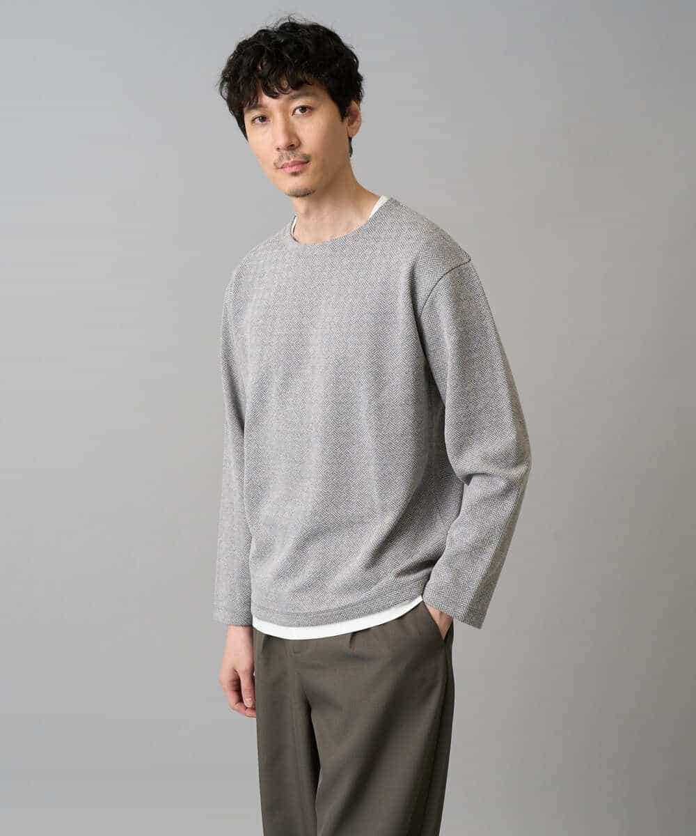 KHKED04049 a.v.v MEN(アー・ヴェ・ヴェ) 【イージーケア/洗濯機で洗える/毛玉になりにくい】変形ヘリンボンフェイクレイヤードカットソー グレー
