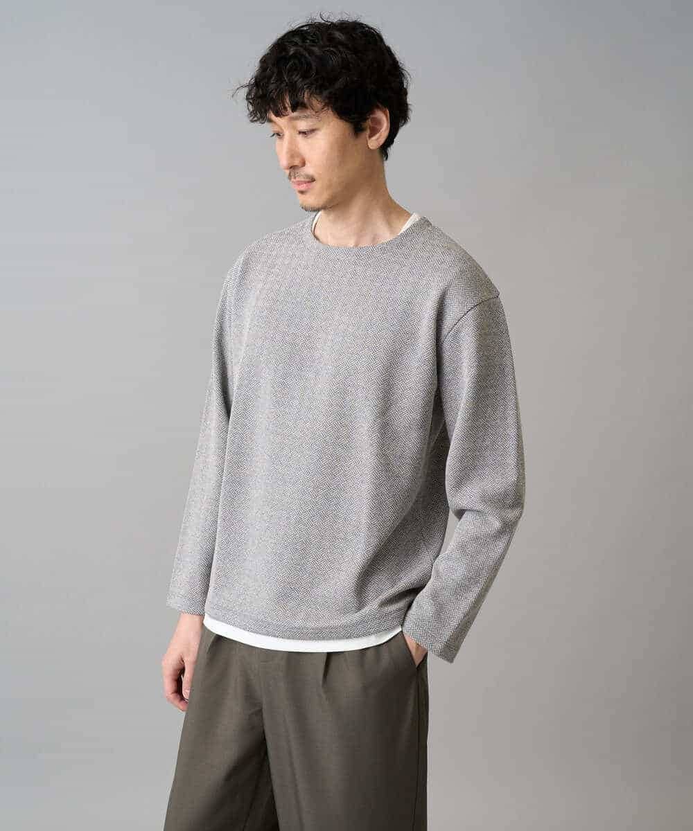 KHKED04049 a.v.v MEN(アー・ヴェ・ヴェ) 【イージーケア/洗濯機で洗える/毛玉になりにくい】変形ヘリンボンフェイクレイヤードカットソー グレー