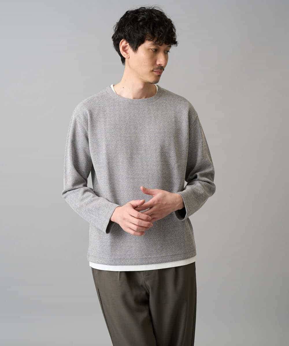 KHKED04049 a.v.v MEN(アー・ヴェ・ヴェ) 【イージーケア/洗濯機で洗える/毛玉になりにくい】変形ヘリンボンフェイクレイヤードカットソー グレー