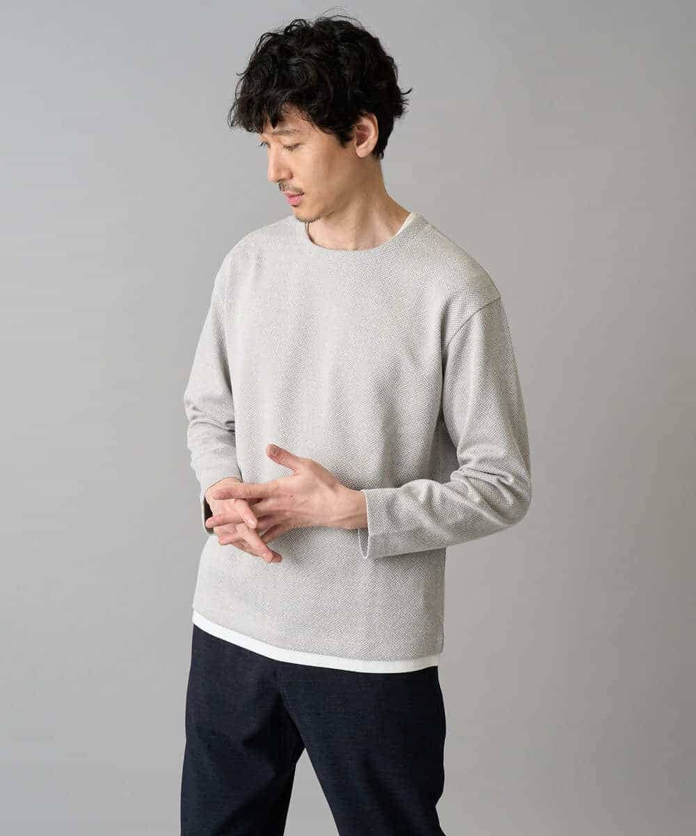 KHKED04049 a.v.v MEN(アー・ヴェ・ヴェ) 【イージーケア/洗濯機で洗える/毛玉になりにくい】変形ヘリンボンフェイクレイヤードカットソー グレー