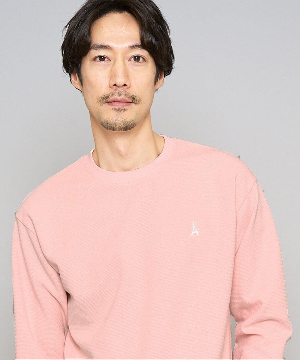 KHKED10044 a.v.v MEN(アー・ヴェ・ヴェ) 【イージーケア/洗濯機で洗える/毛玉になりにくい】アゼダブルフェイス1ポイント刺繍カットソー ピンク