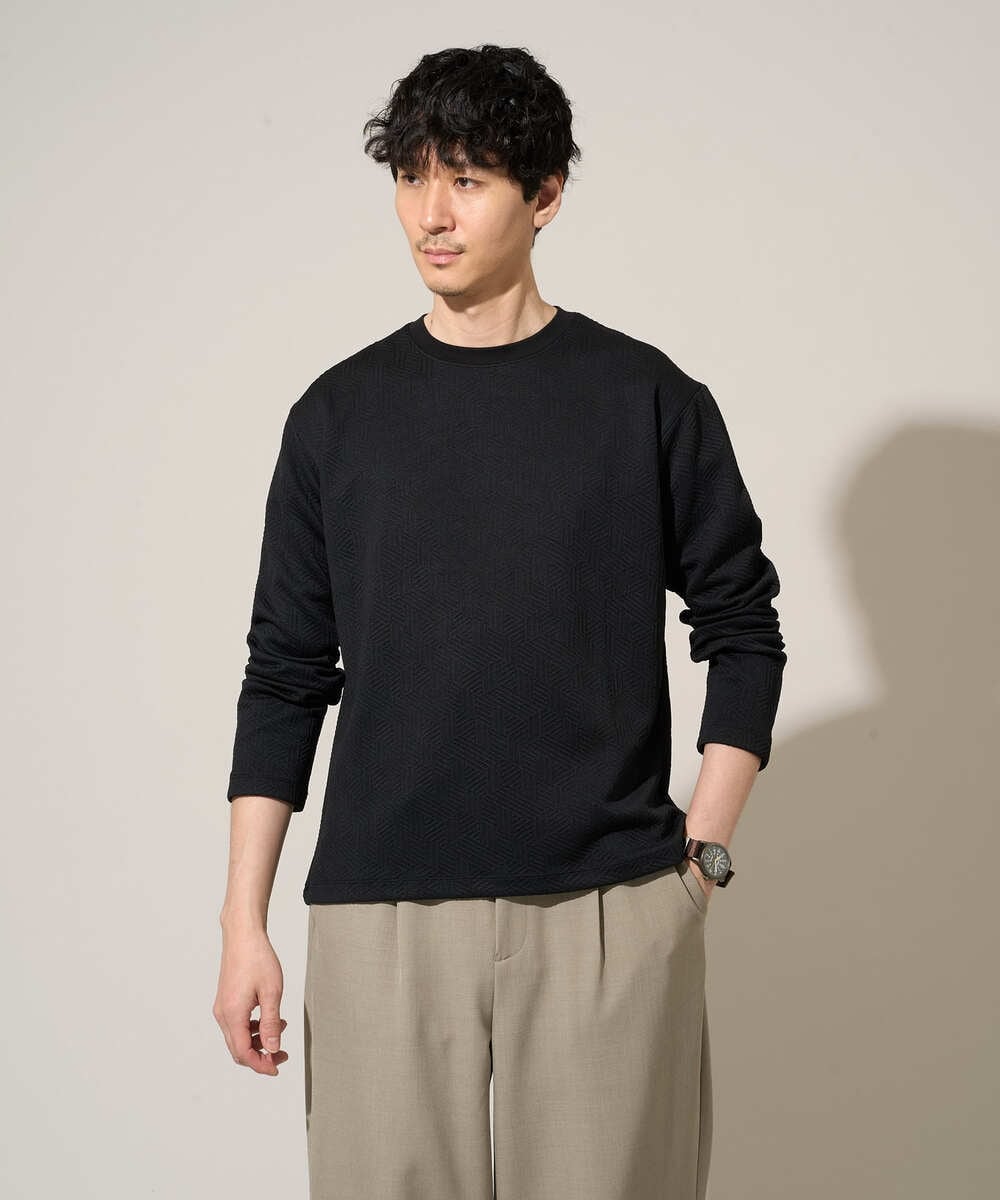 KHKED21049 a.v.v MEN(アー・ヴェ・ヴェ) 【イージーケア/洗濯機で洗える/毛玉になりにくい】キカジャガードクルーネックプルオーバー ブラック