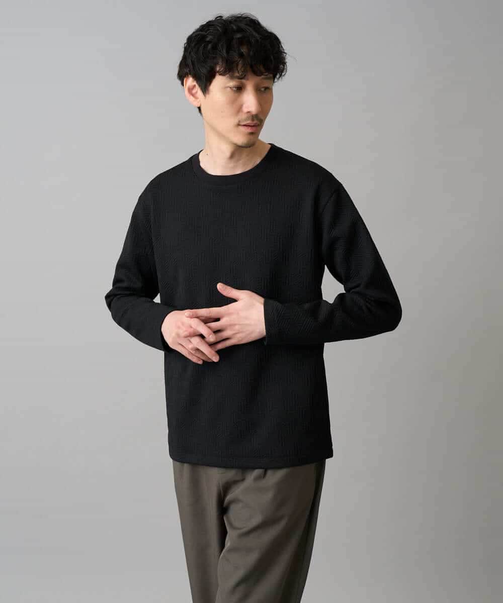 KHKED21049 a.v.v MEN(アー・ヴェ・ヴェ) 【イージーケア/洗濯機で洗える/毛玉になりにくい】キカジャガードクルーネックプルオーバー ブラック