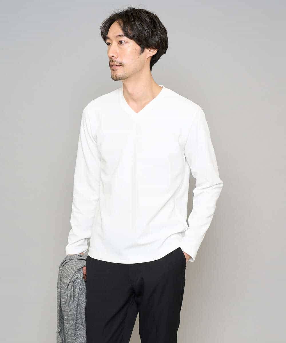KHKED73049 a.v.v MEN(アー・ヴェ・ヴェ) 【スマート/イージーケア/洗濯機で洗える/毛玉になりにくい】アゼダブルフェイスVネックスマートTシャツ ホワイト