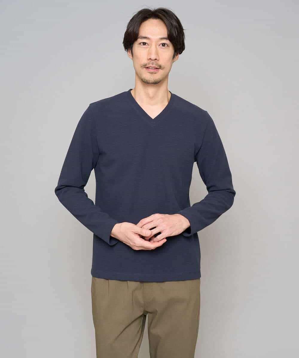 KHKED73049 a.v.v MEN(アー・ヴェ・ヴェ) 【スマート/イージーケア/洗濯機で洗える/毛玉になりにくい】アゼダブルフェイスVネックスマートTシャツ ライトグレー