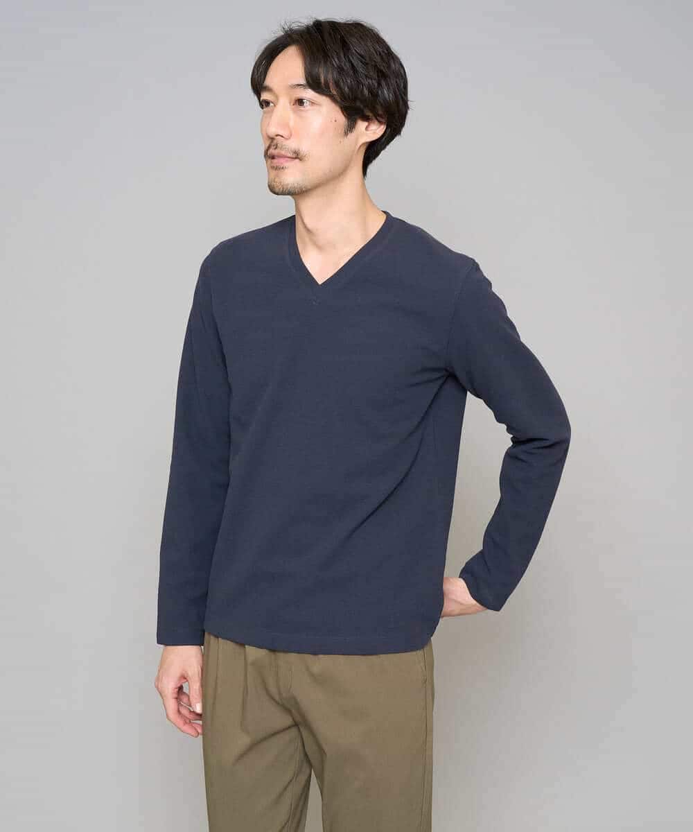 KHKED73049 a.v.v MEN(アー・ヴェ・ヴェ) 【スマート/イージーケア/洗濯機で洗える/毛玉になりにくい】アゼダブルフェイスVネックスマートTシャツ ライトグレー