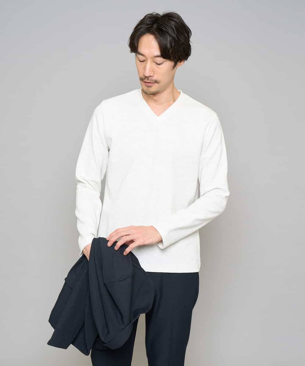 KHKED73049 a.v.v MEN(アー・ヴェ・ヴェ) 【スマート/イージーケア/洗濯機で洗える/毛玉になりにくい】アゼダブルフェイスVネックスマートTシャツ ライトグレー