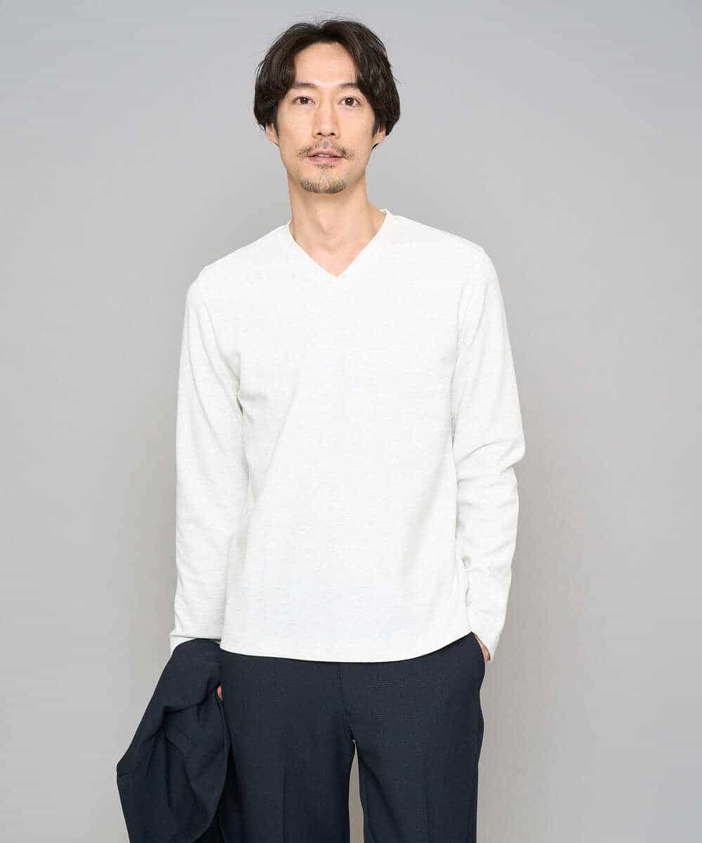KHKED73049 a.v.v MEN(アー・ヴェ・ヴェ) 【スマート/イージーケア/洗濯機で洗える/毛玉になりにくい】アゼダブルフェイスVネックスマートTシャツ ライトグレー