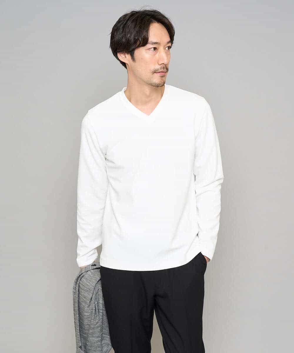 KHKED73049 a.v.v MEN(アー・ヴェ・ヴェ) 【スマート/イージーケア/洗濯機で洗える/毛玉になりにくい】アゼダブルフェイスVネックスマートTシャツ ライトグレー
