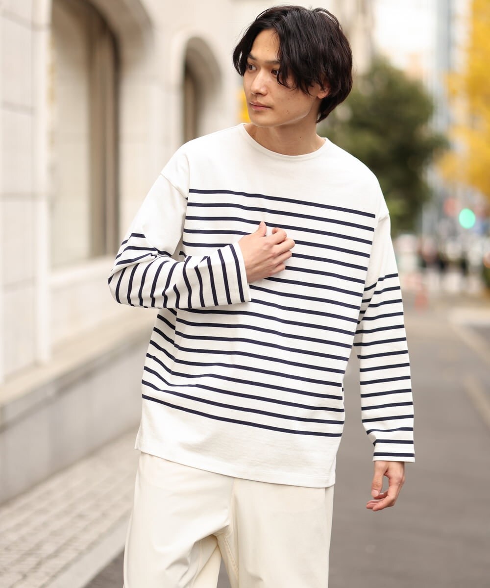 KHKES06044 a.v.v MEN(アー・ヴェ・ヴェ) ボーダーワイドシルエットカットソー(長袖） ブルー