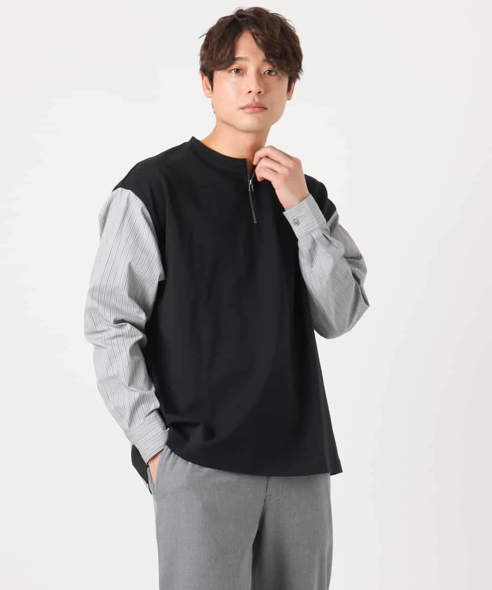 KHKFA13064 a.v.v MEN(アー・ヴェ・ヴェ) 【洗濯機で洗える】ハーフジップバックシャン切替クルーネックカットソー(デザテクシリーズ）【春の新作】 ホワイト