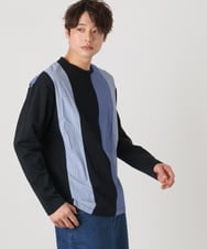 KHKFA14064 a.v.v MEN(アー・ヴェ・ヴェ) 【洗濯機で洗える】ストライプ切替クルーネックカットソー(デザテクシリーズ）【春の新作】 ブラック