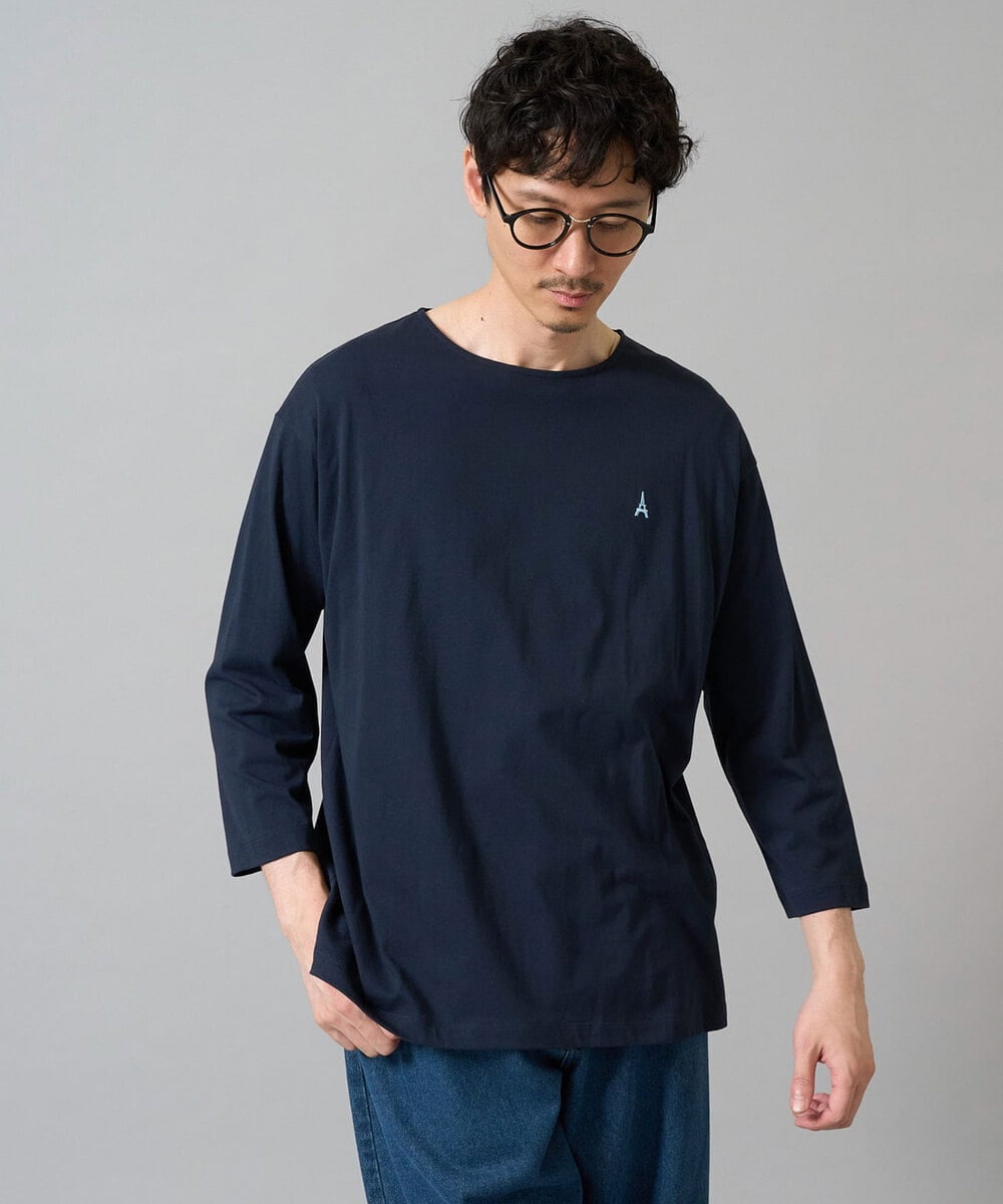 KHKFA20034 a.v.v MEN(アー・ヴェ・ヴェ) 【毛玉になりにくい】エッフェル塔刺繍ボートネックカットソー ネイビー