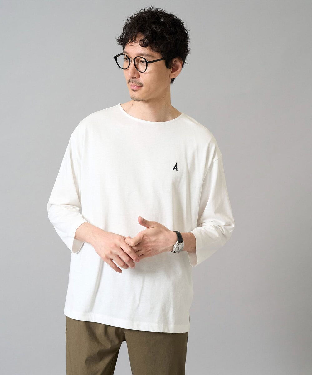 KHKFA20034 a.v.v MEN(アー・ヴェ・ヴェ) 【毛玉になりにくい】エッフェル塔刺繍ボートネックカットソー ホワイト