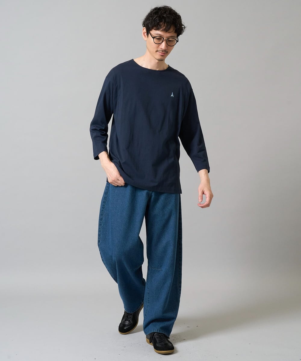 KHKFA20034 a.v.v MEN(アー・ヴェ・ヴェ) 【毛玉になりにくい】エッフェル塔刺繍ボートネックカットソー ライトグレー