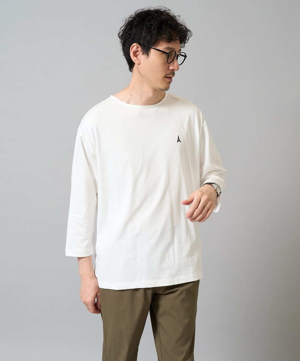 KHKFA20034 a.v.v MEN(アー・ヴェ・ヴェ) 【毛玉になりにくい】エッフェル塔刺繍ボートネックカットソー ライトグレー