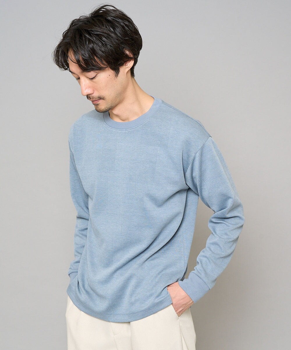 KHKFD13049 a.v.v MEN(アー・ヴェ・ヴェ) 【イージーケア/洗濯機で洗える/毛玉になりにくい】タックジャカードクルーネックプルオーバー ライトブルー
