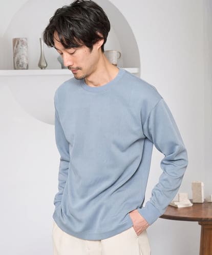 KHKFD13049 a.v.v MEN ＼秋の上品見えカットソー／タックジャカードクルーネックプルオーバー【イージーケア/洗濯機で洗える/毛玉になりにくい】