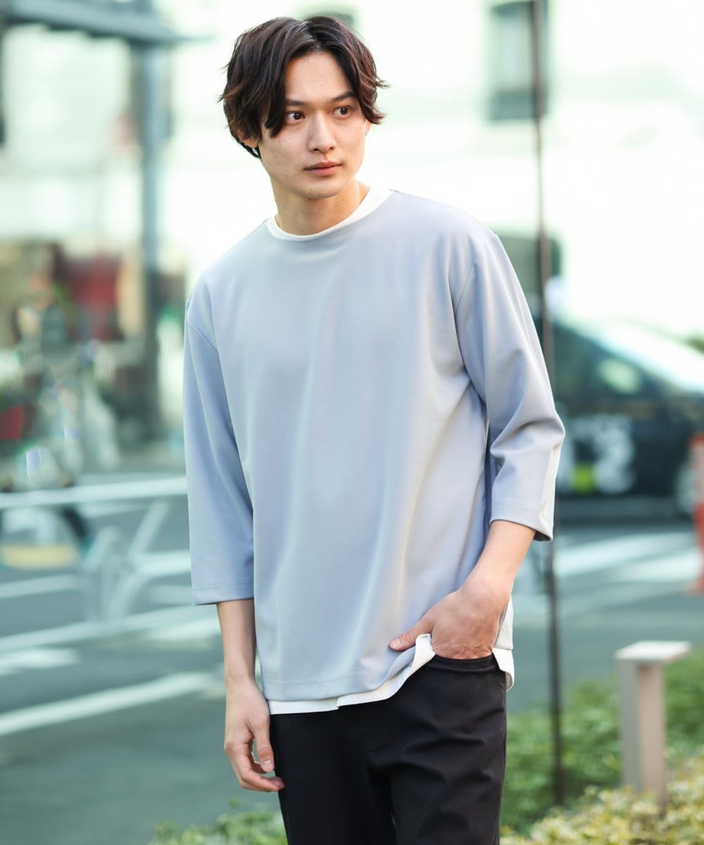 KHKFS11044 a.v.v MEN(アー・ヴェ・ヴェ) 【接触冷感/イージーケア】梨地レイヤードカットソー ライトグレー