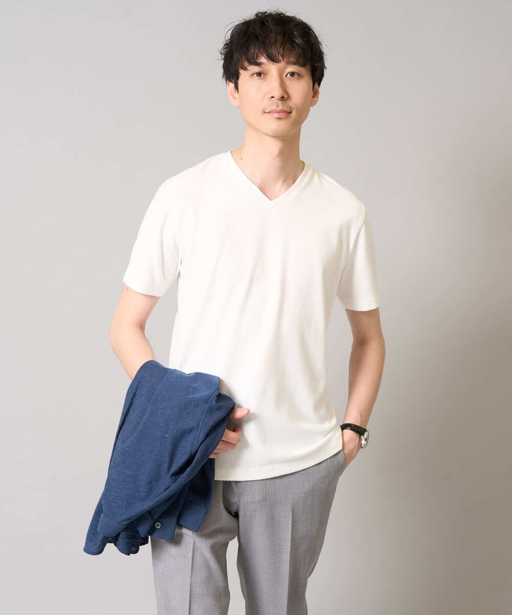 KHKGA47044 a.v.v MEN(アー・ヴェ・ヴェ) 【きれいめな半袖】ジャカードVネックカットソー  半袖ジャケT  ジャケイン  ビズカットソー ブラック