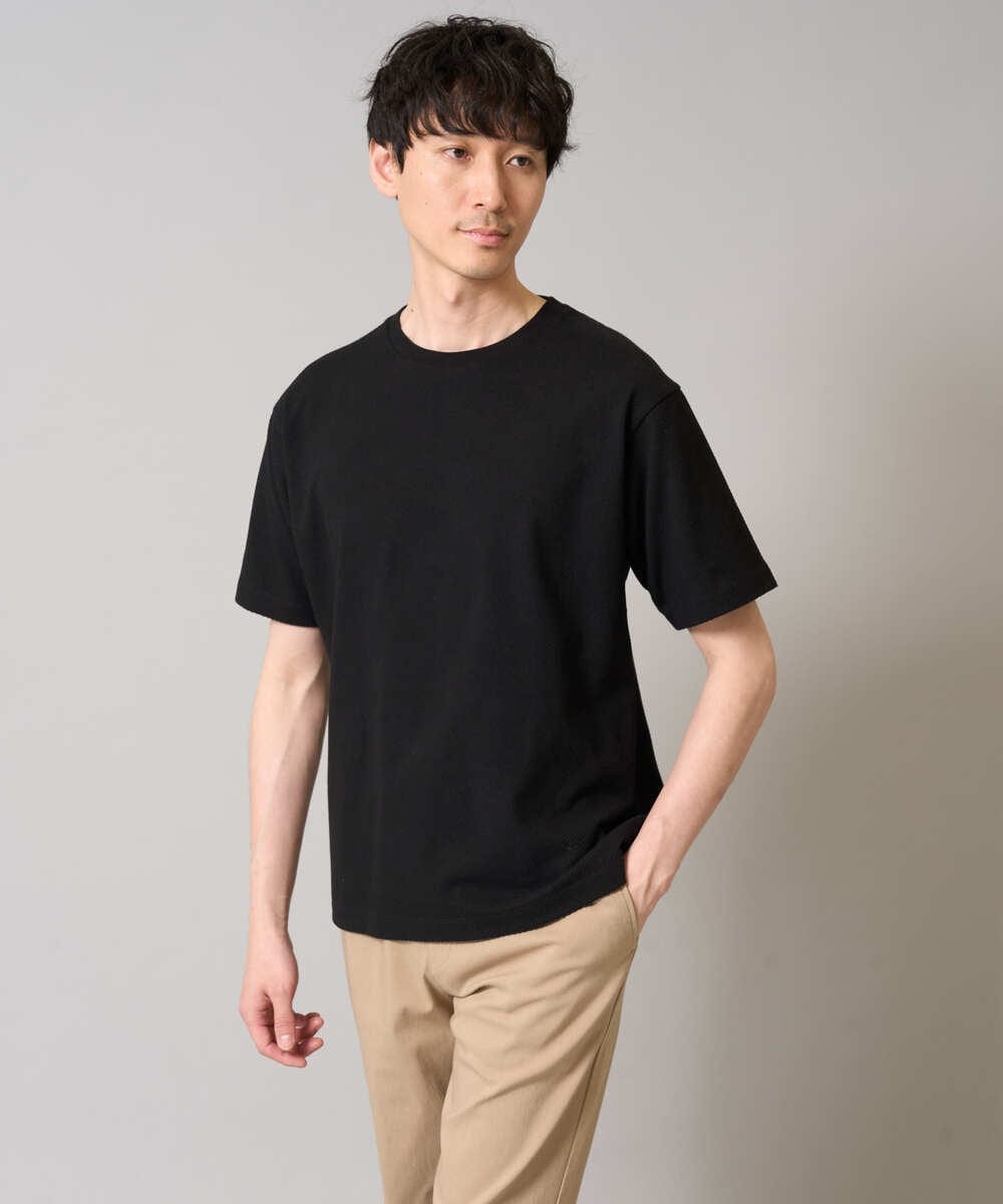 KHKGA48044 a.v.v MEN(アー・ヴェ・ヴェ) 【きれいめな半袖】ジャカードクルーネックカットソー  半袖ジャケT  ジャケイン  ビズカットソー ブラック