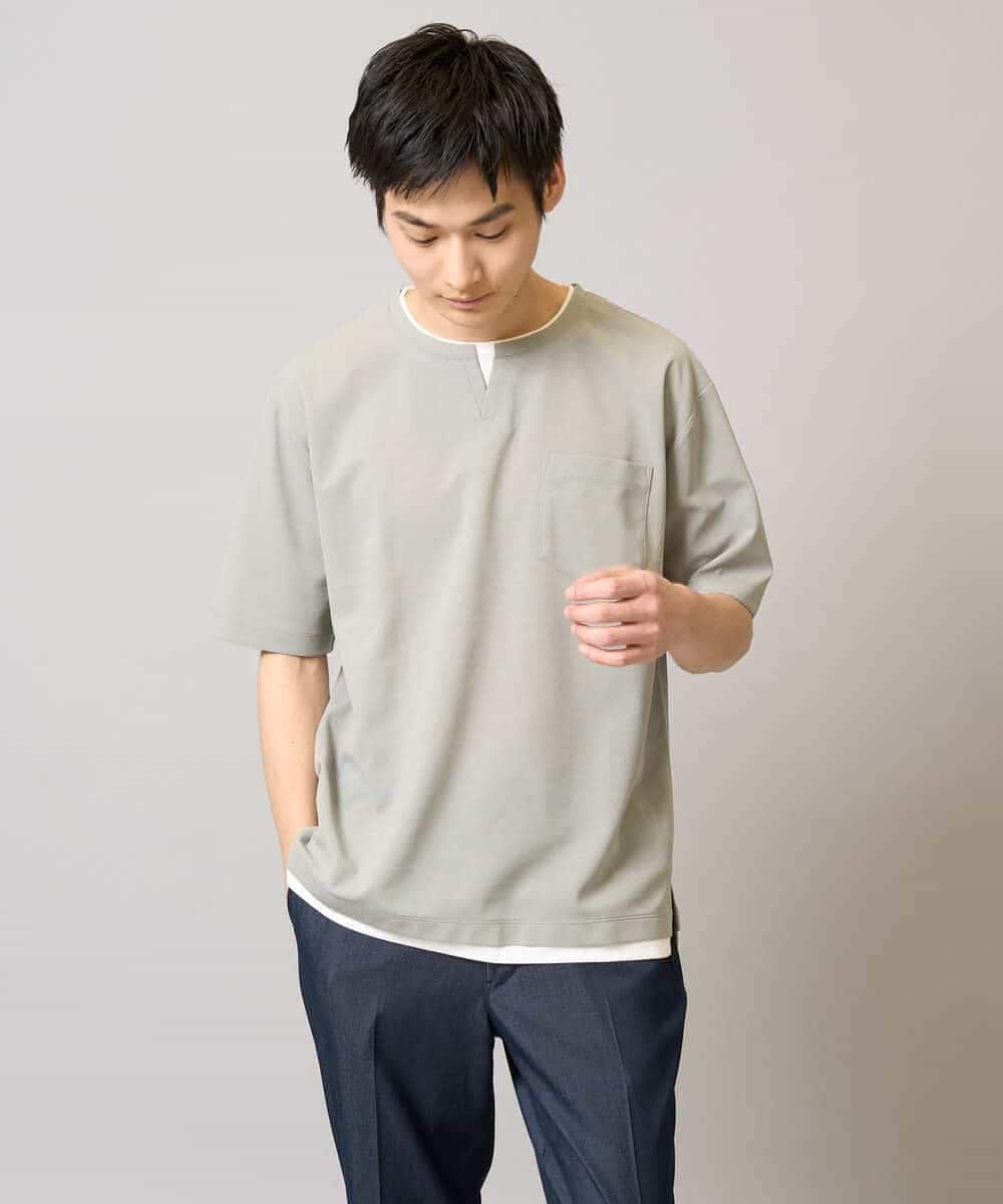 KHKGA50044 a.v.v MEN(アー・ヴェ・ヴェ) 【速乾/毛玉になりにくい】梨地フェイクレイヤードカットソー ライトグレー