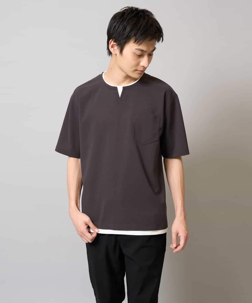 KHKGA50044 a.v.v MEN(アー・ヴェ・ヴェ) 【速乾/毛玉になりにくい】梨地フェイクレイヤードカットソー ライトグレー