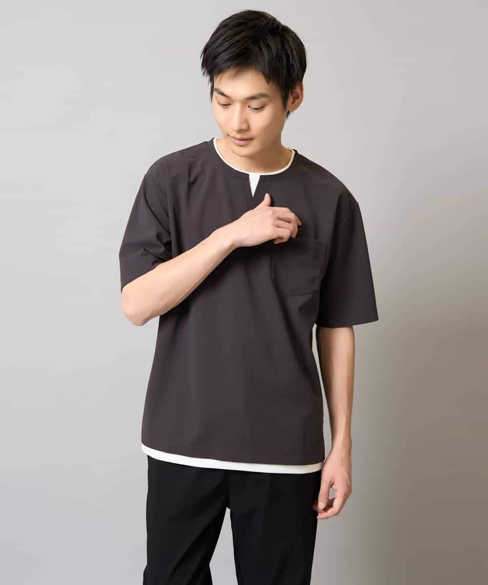 KHKGA50044 a.v.v MEN(アー・ヴェ・ヴェ) 【速乾/毛玉になりにくい】梨地フェイクレイヤードカットソー ライトグレー