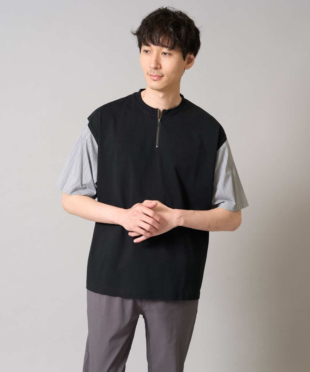 KHKGA56059 a.v.v MEN(アー・ヴェ・ヴェ) 【マシンウォッシャブル】ハーフジップバックシャン切替カットソー ブラック
