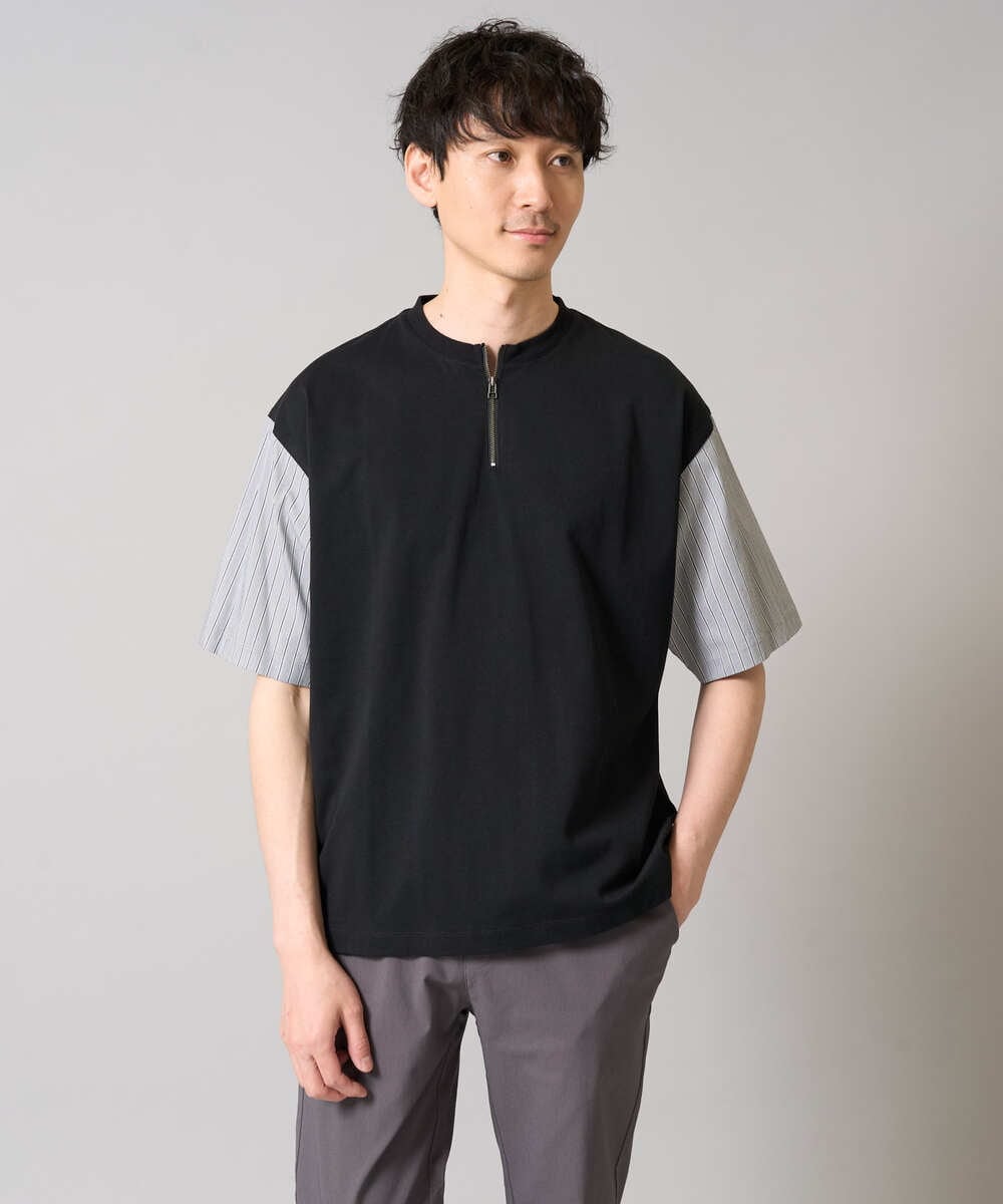 KHKGA56059 a.v.v MEN(アー・ヴェ・ヴェ) 【マシンウォッシャブル】ハーフジップバックシャン切替カットソー ブラック