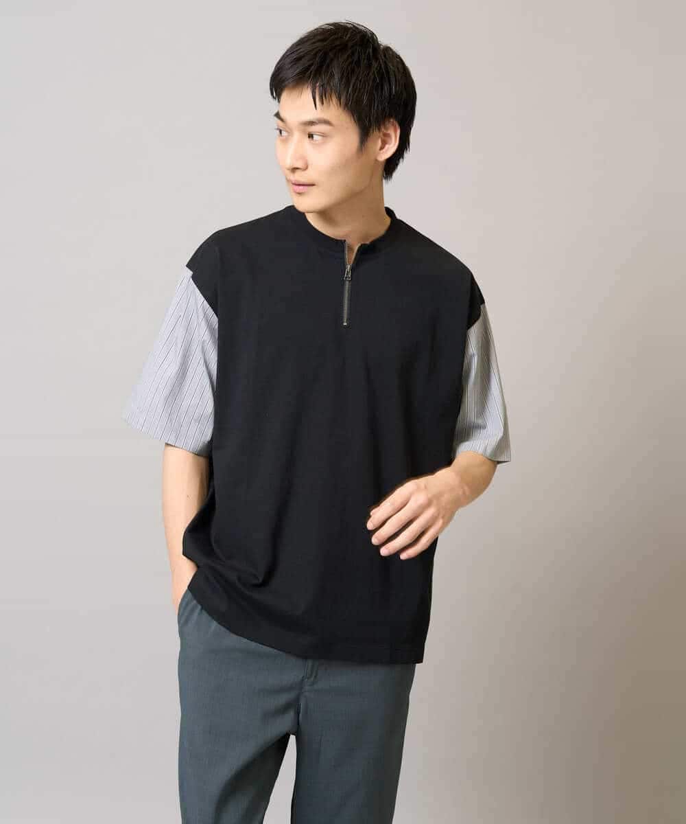 KHKGA56059 a.v.v MEN(アー・ヴェ・ヴェ) 【マシンウォッシャブル】ハーフジップバックシャン切替カットソー ブラック