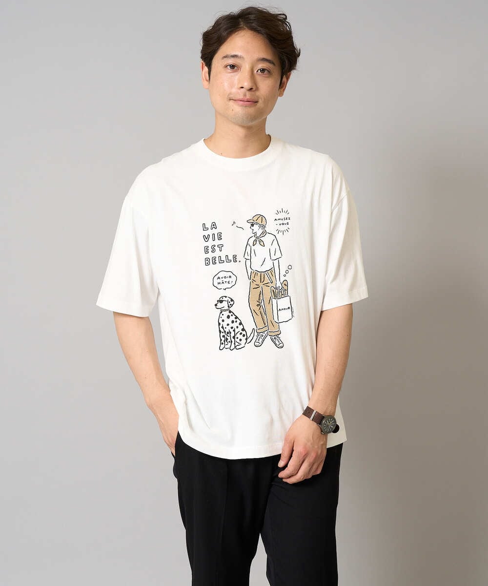 KHKGA61044 a.v.v MEN(アー・ヴェ・ヴェ) 【接触冷感】イラストレーターコラボプリンワイドシルエットカットソー【uca U】 ホワイト