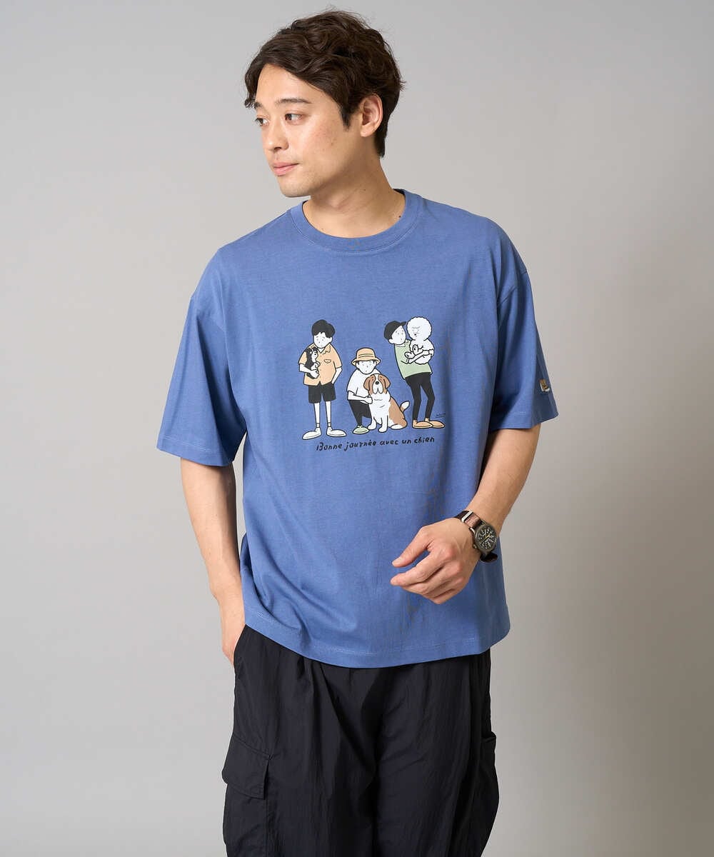 KHKGA62044 a.v.v MEN(アー・ヴェ・ヴェ) 【接触冷感】イラストレーターコラボプリンワイドシルエットカットソー【mitaina pro】 ブルー