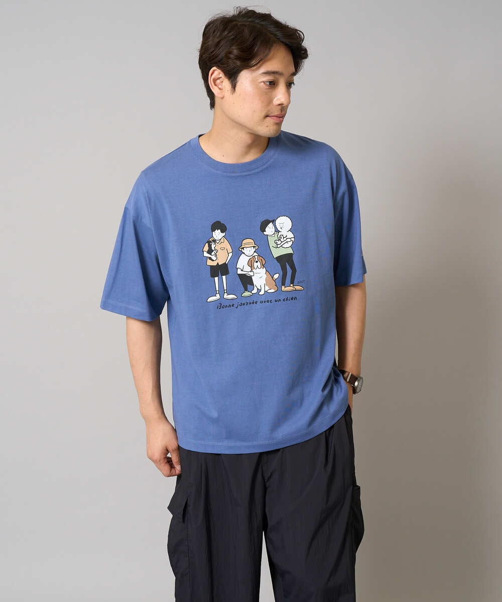 KHKGA62044 a.v.v MEN(アー・ヴェ・ヴェ) 【接触冷感】イラストレーターコラボプリンワイドシルエットカットソー【mitaina pro】 ブルー