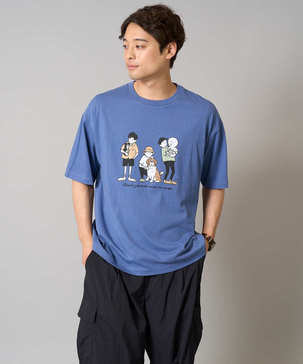 KHKGA62044 a.v.v MEN(アー・ヴェ・ヴェ) 【接触冷感】イラストレーターコラボプリンワイドシルエットカットソー【mitaina pro】 ブルー