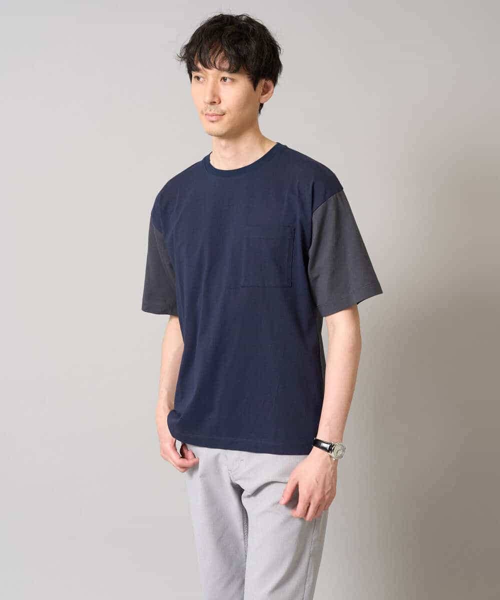 KHKGA64039 a.v.v MEN(アー・ヴェ・ヴェ) 【接触冷感/綿100％】切替セミワイドカットソー ホワイト×ライトブルー