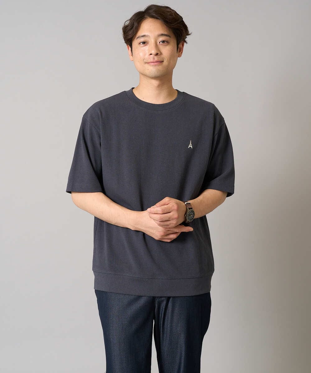 KHKGA89039 a.v.v MEN(アー・ヴェ・ヴェ) 【イージーケア/接触冷感】ライトアゼ半袖Ｔシャツ ワンポイント刺繍 ブラック