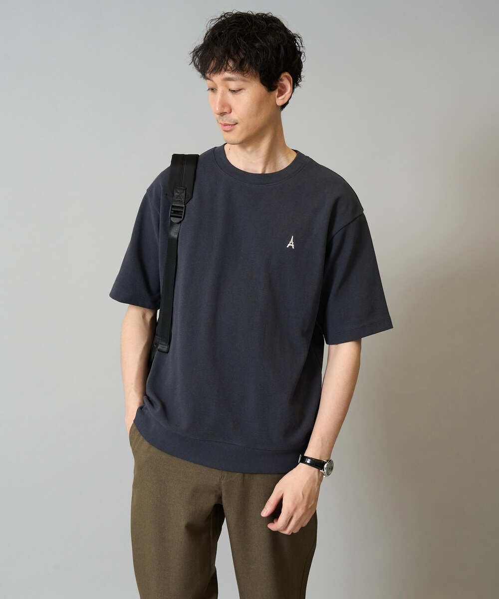 KHKGA89039 a.v.v MEN(アー・ヴェ・ヴェ) 【イージーケア/接触冷感】ライトアゼ半袖Ｔシャツ ワンポイント刺繍 ブラック