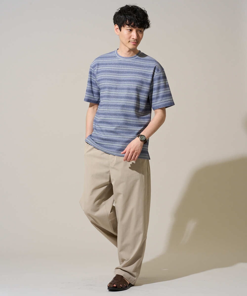 KHKGD24049 a.v.v MEN(アー・ヴェ・ヴェ) 【イージーケア/洗濯機で洗える】ワッフルランダムボーダーカットソー グレー