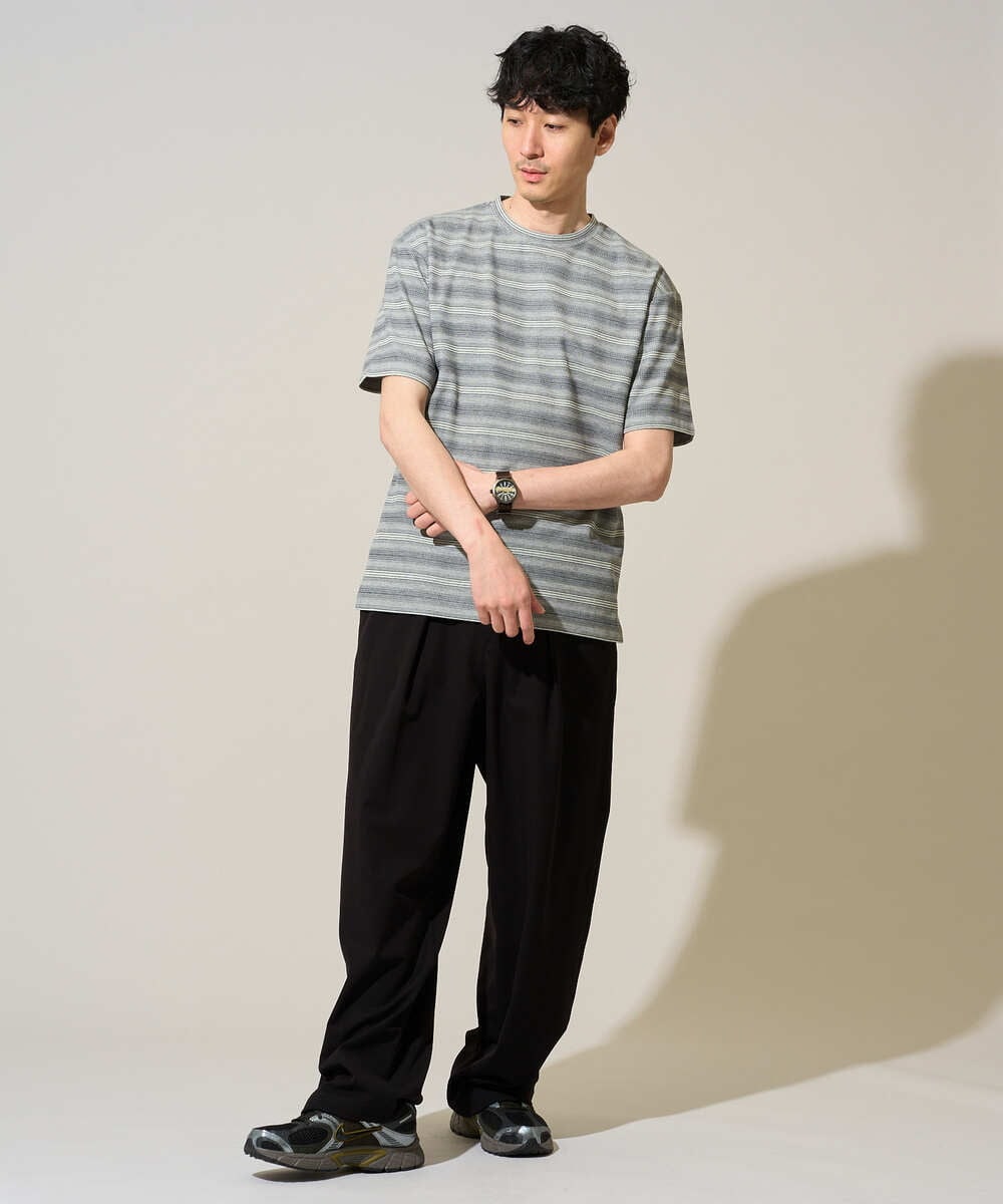 KHKGD24049 a.v.v MEN(アー・ヴェ・ヴェ) 【イージーケア/洗濯機で洗える】ワッフルランダムボーダーカットソー グレー