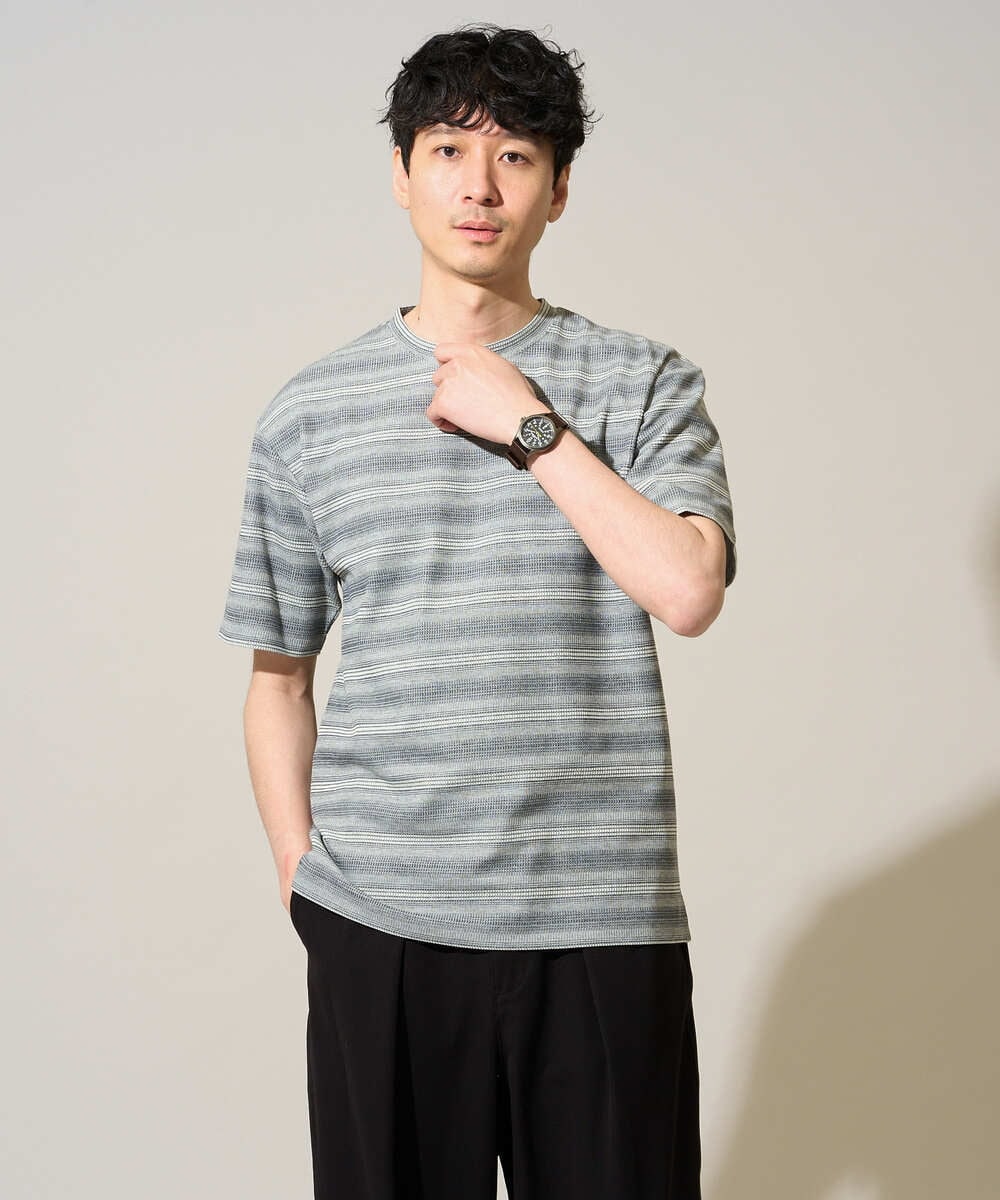 KHKGD24049 a.v.v MEN(アー・ヴェ・ヴェ) 【イージーケア/洗濯機で洗える】ワッフルランダムボーダーカットソー グレー