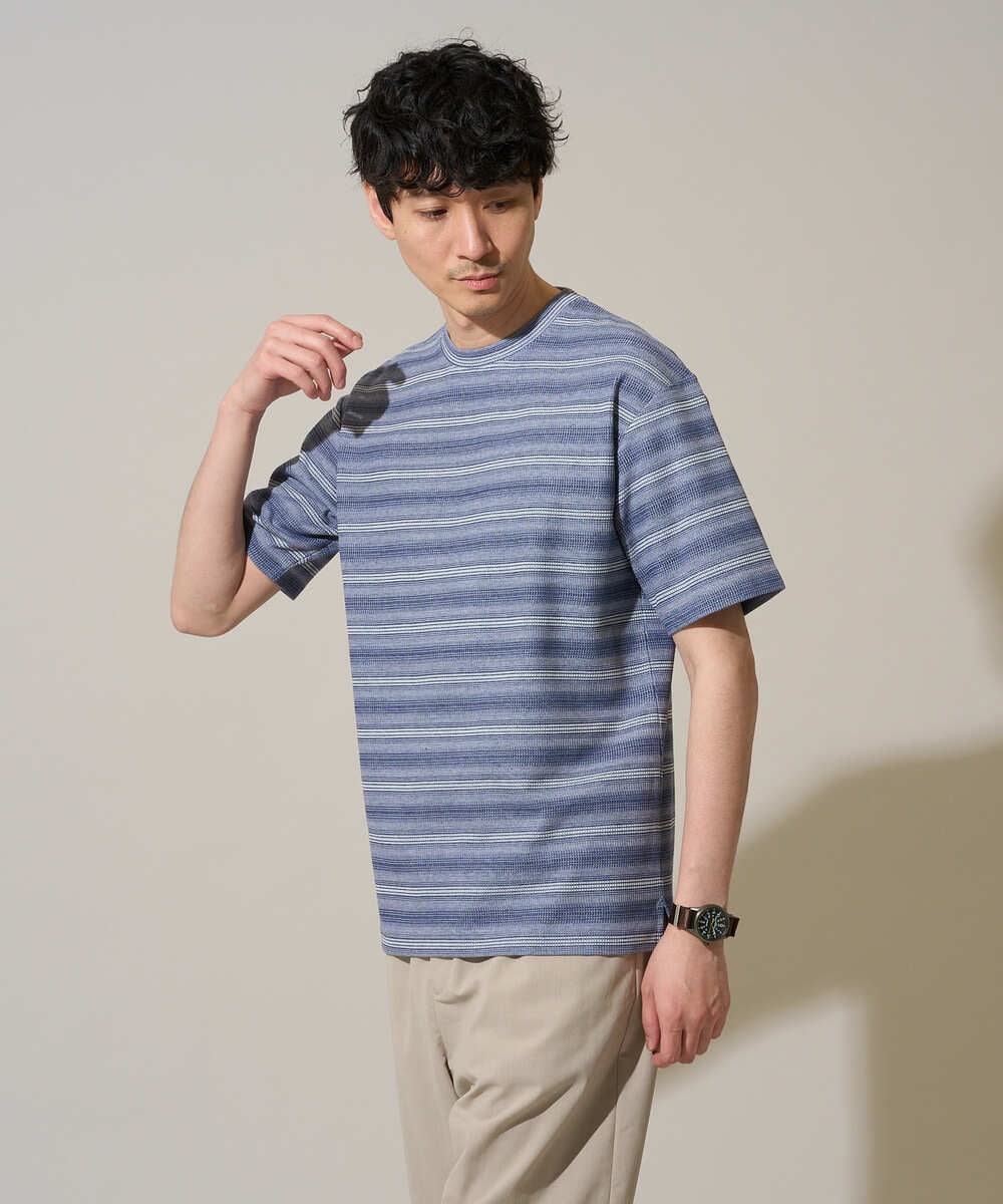 KHKGD24049 a.v.v MEN(アー・ヴェ・ヴェ) 【イージーケア/洗濯機で洗える】ワッフルランダムボーダーカットソー グレー