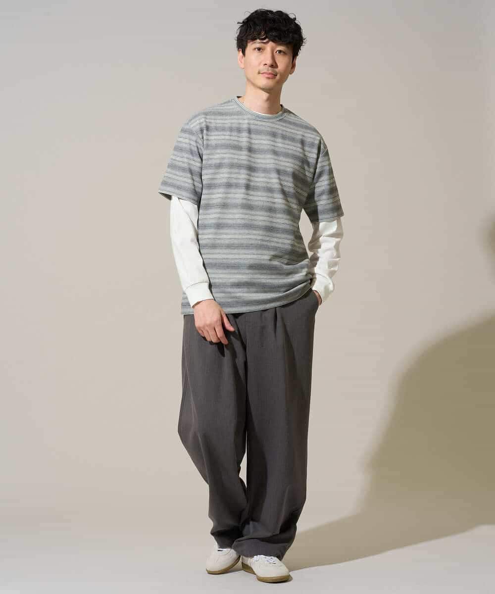 KHKGD24049 a.v.v MEN(アー・ヴェ・ヴェ) 【イージーケア/洗濯機で洗える】ワッフルランダムボーダーカットソー グレー