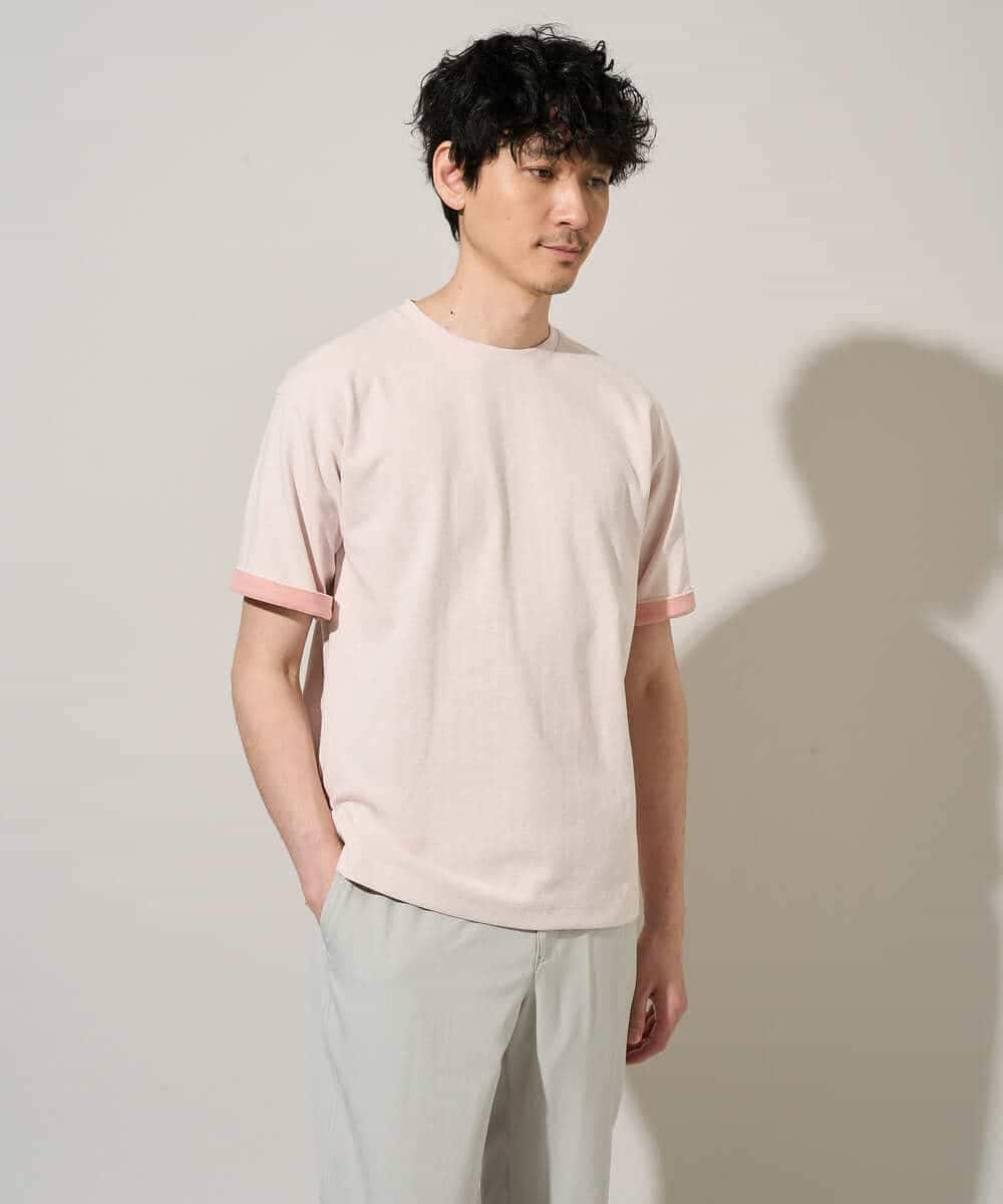 KHKGD37044 a.v.v MEN(アー・ヴェ・ヴェ) 【イージーケア/洗濯機で洗える/接触冷感】ヘリンボーンストレッチダブルフェイスカットソー ピンク